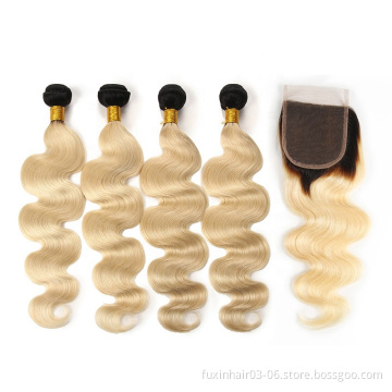 613 blonde body wave frontal light brown weave bundles with closure ombre hair extensions